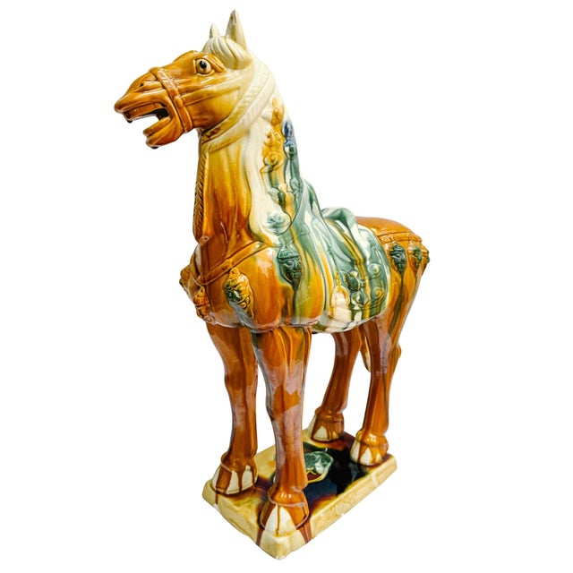 Chinoiserie Late 20th Century Large Chinese Tang Dynasty Sancai Glazed Pottery Horse Statue For Sale - Image 3 of 11