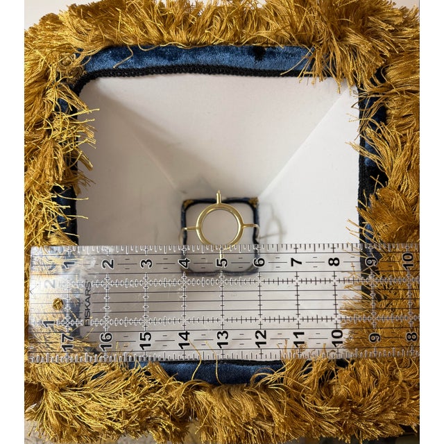 Modern Designer- Regal Sapphire/Blue Velvet Zebra Lamp Shade With Gold Trim and Harvest Brush Fringe For Sale - Image 3 of 7