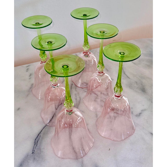 Late 20th Century Pink and Green Hand-Crafted Wine Glasses - Set of 6 For Sale - Image 4 of 10