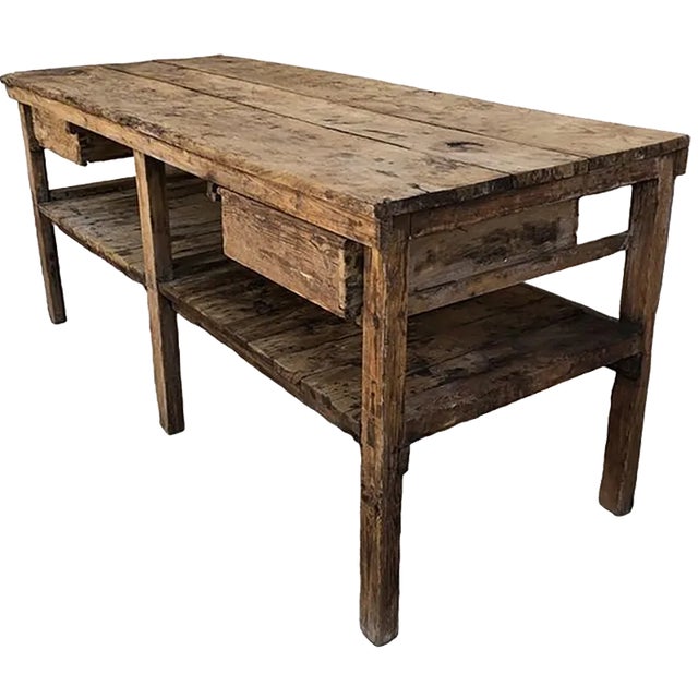 Antique Industrial Carpenter Work Table with Drawers | Chairish