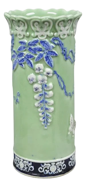 Japanese Porcelain Glazed Celadon Wisteria Flower & Butterfly Umbrella Stand