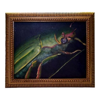 Vintage Oil Painting of Green Beetle Insect on Canvas & Gold Frame For Sale