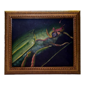 Vintage Oil Painting of Green Beetle Insect on Canvas & Gold Frame