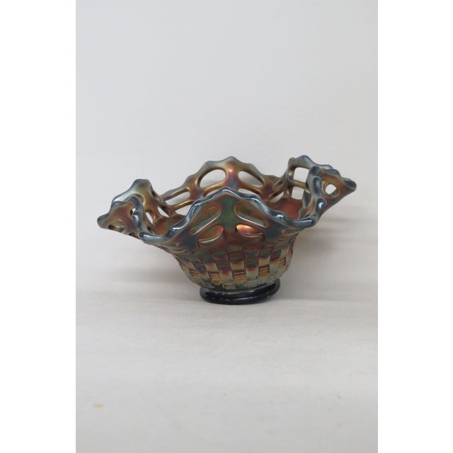 Mid-Century Modern Fenton Carnival Glass Iridescent Basket Weave Lace Edge Candy Dish Bowl 4599b For Sale - Image 3 of 10