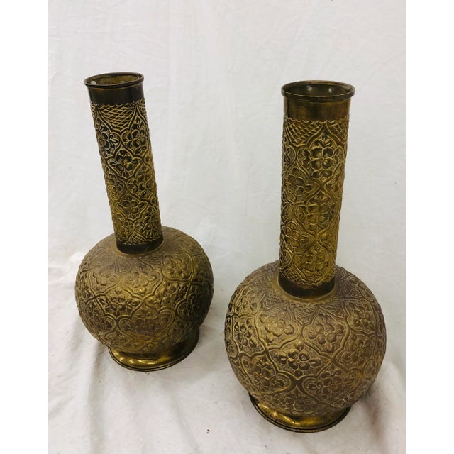 Moroccan Vintage Brass Vases - a Pair For Sale - Image 3 of 8