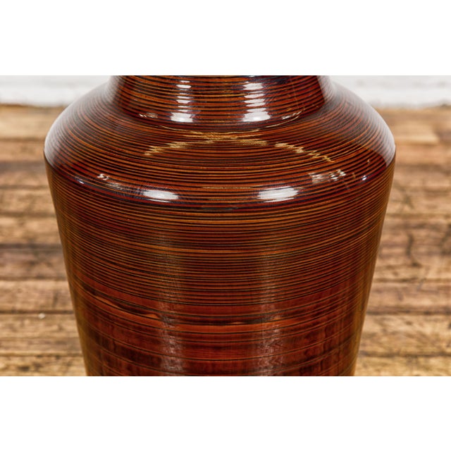 Artisan Brown Glaze Vase with Black Concentric Motifs and Tapering Lines For Sale - Image 9 of 12