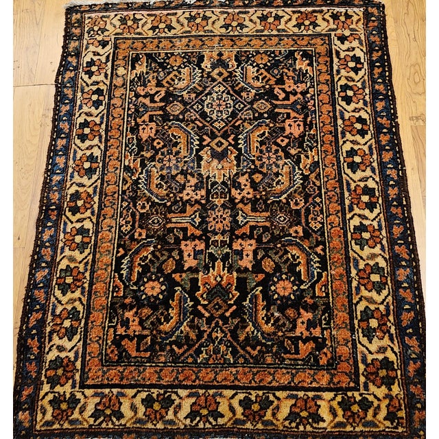 French Country Vintage Persian Malayer Area Rug, Handwoven All Over Geometric Design, Navy & Ivory, 4’ X 4’ For Sale - Image 3 of 14