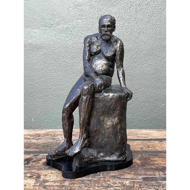 Contemporary Vintage Bronzed Terracotta Seated Male Sculpture For Sale - Image 3 of 12