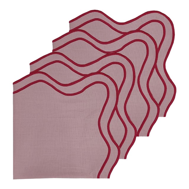 Handmade Wave Scalloped Napkins with Double Embroidered Trim, Light Pink/Red - Set of 4 For Sale
