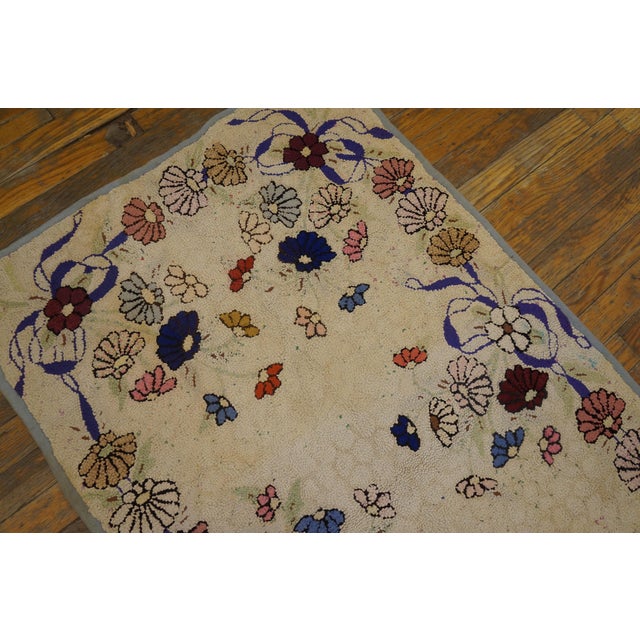 Antique American hooked rug, size: 2'5" x 4'1". Wool 1930s Hooked American Antique Ivory Small Scatter Size Rug, Circa...