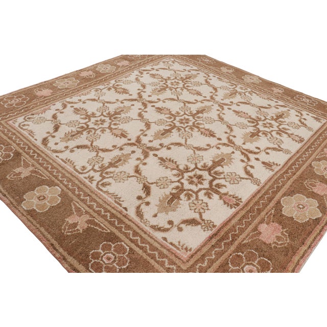 Rug & Kilim Antique Agra Square Rug in White With Brown and Pink Florals, From Rug & Kilim For Sale - Image 4 of 8
