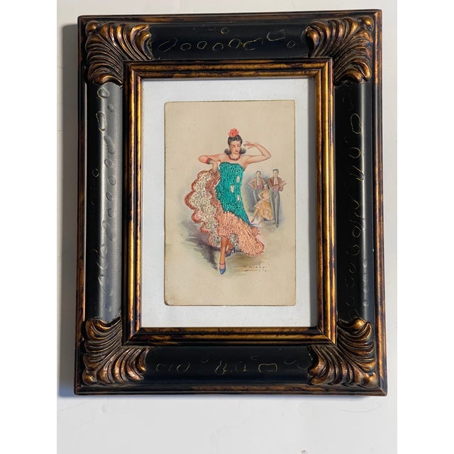 Pair Antique Spanish Embroidered Flamenco Postcards Framed For Sale - Image 4 of 6