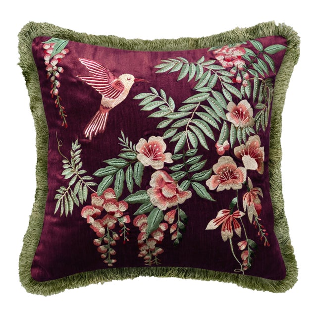 Botanical Beauty: Hand Embroidered Velvet Pillow Featuring Silk Thread Floral Motif - Stylish Home Decor Cushion Living Room Sofa For Sale