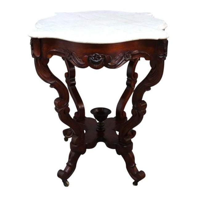 Oversized Antique Rococo Revival Floral Carved Walnut Marble Turtle Top Table For Sale - Image 9 of 10