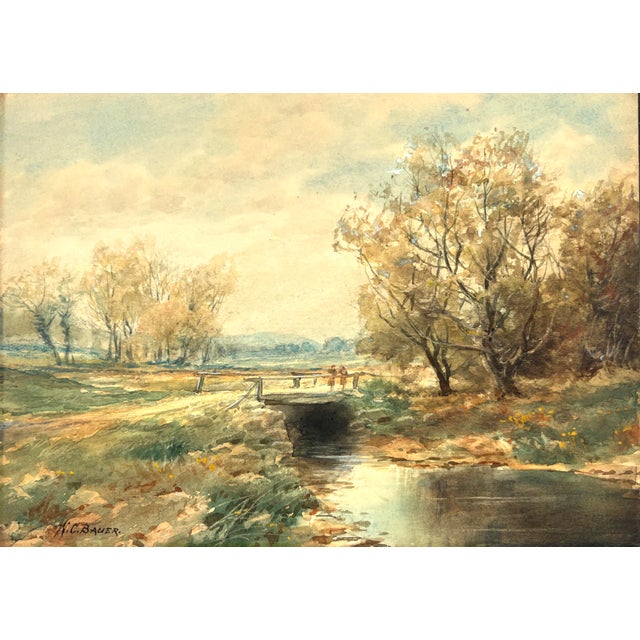 Paper "A Shady Runlet" Stream in Fall New Jersey Watercolor 1878 by William C. Bauer For Sale - Image 7 of 9