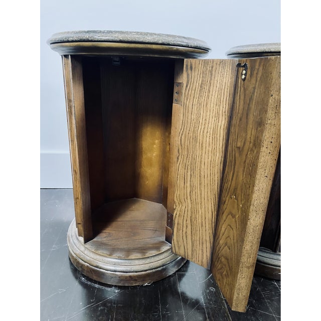 Vintage Neoclassical Style Marble Top Wooden Pedestal Side Tables—A Pair For Sale - Image 12 of 14