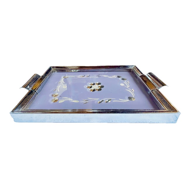 Vintage Art Deco stylized floral chrome and glass serving tray. Center design depicts a chrome stylized geometric floral...