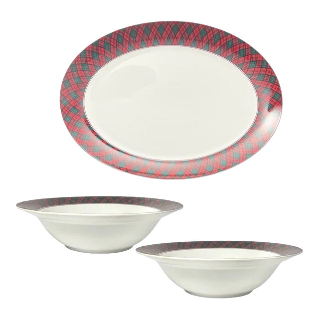 1990s Sasaki & Charles Roberts “Tartan Plaid Red” 3-Piece Dinner Serving Hostess Set For Sale