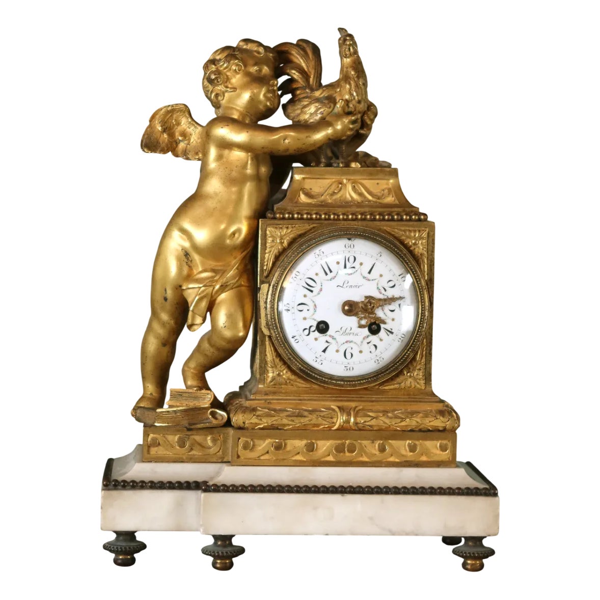 Louis XVI Style Gilded Bronze Clock with Cherub and Rooster | Chairish