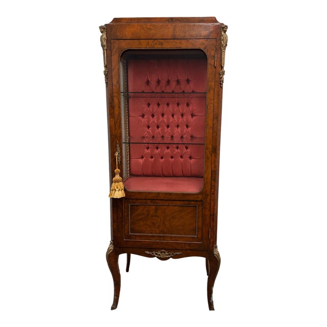 Antique French Walnut & Ormolu Mounted Vitrine Display Cabinet With Tufted Fabric Interior For Sale