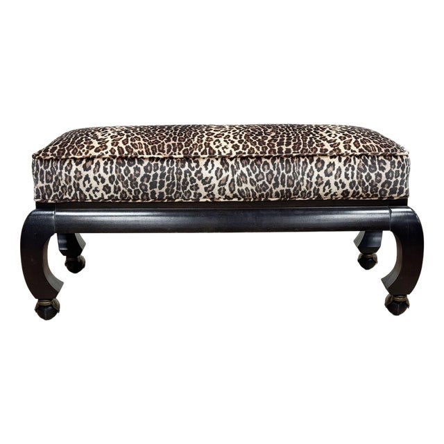 Vintage Late 20th C Newly Upholstered Leopard Print Velvet Ming Style Rolling Bench For Sale