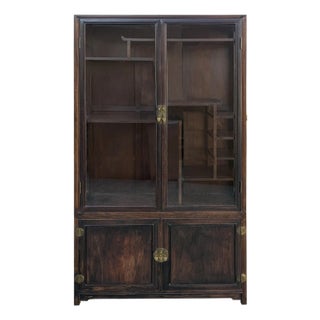 Vintage Dark Brown Oriental Treasure Glass Doors Display Curio Stack Cabinet For Sale