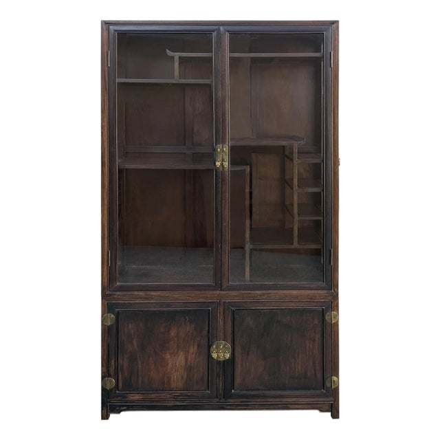 Vintage Dark Brown Oriental Treasure Glass Doors Display Curio Stack Cabinet For Sale