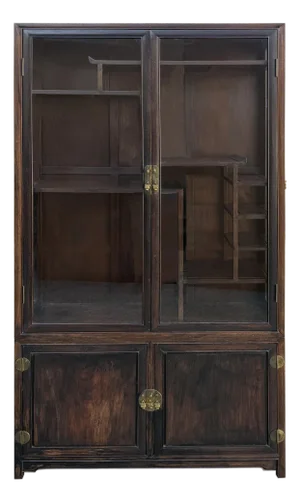 Vintage Dark Brown Oriental Treasure Glass Doors Display Curio Stack Cabinet