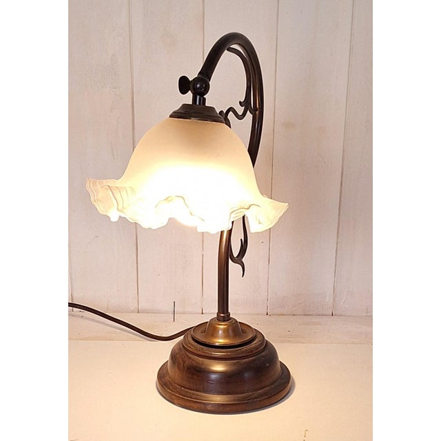 Vintage Table Lamp with Patinated Brass Frame on Maple Base and Adjustable Decorated Glass Shade, 1970s For Sale - Image 6 of 6