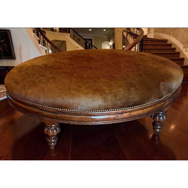 Spanish 18th C Style Brindle Cowhide Oval Walnut Ottoman For Sale - Image 3 of 3