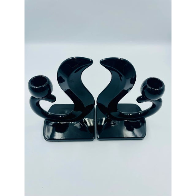 Pair of Early 20th Century Art Deco "Flame" Black Glass Candle Holders For Sale - Image 12 of 12