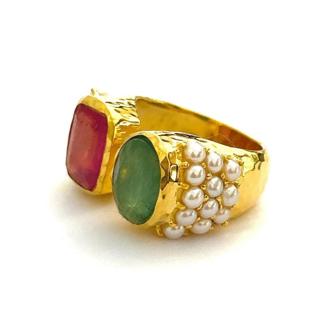 Bochic “Orient” Red Ruby, Green Emerlad & Pearl Ring Set 18K Gold & Silver Natural Rubies - 1.50 carats Natural Emerald -...