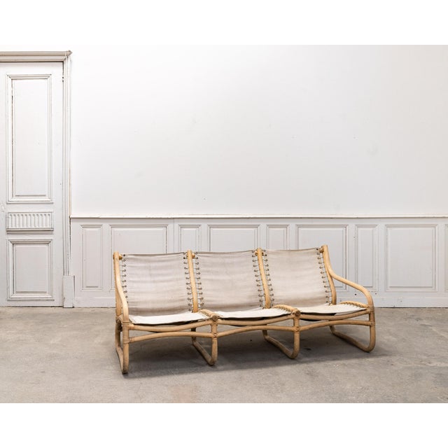 3-Seater Bench in Rattan and Cotton Canvas, 1960s For Sale - Image 10 of 10