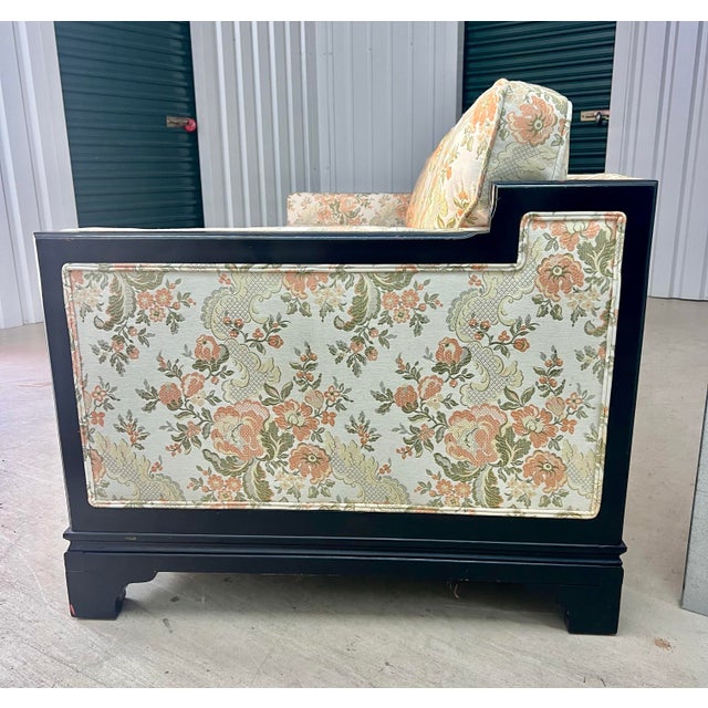 Chinoiserie Vintage Chinoiserie Key City Custom Asian Style Black Lacquered Sofa With Floral Brocade Fabric For Sale - Image 3 of 12