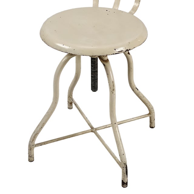Antique 1920s Industrial Adjustable Off-White Enameled Steel Operating Room Medical Metal Stool Chair With Contoured Back For Sale In Philadelphia - Image 6 of 10