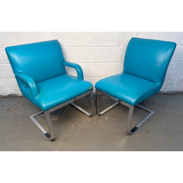 Vintage Blue Vinyl Flat Bar Chrome Dining Chairs - Set of 6 For Sale In New York - Image 6 of 17