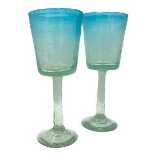 Tall Hand Blown Aqua Ombre Art Glass Goblets - A Pair For Sale