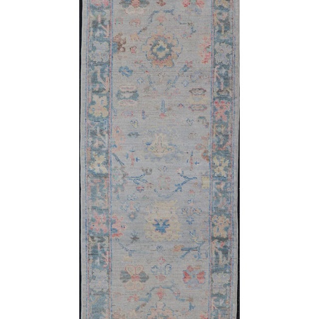 Hand Knotted Modern Oushak Runner on Light Gray Field and Colorful Motifs For Sale - Image 9 of 11