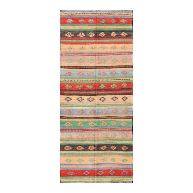Mid 20th Century Vintage Turkish Kilim Carpet With Colorful Geometric Stripe Design For Sale
