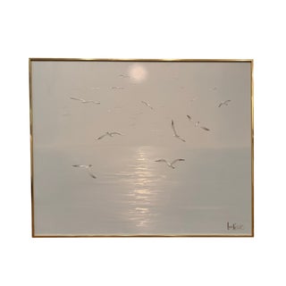Vintage Lee Reynolds Vanguard Studios Seascape Oil Painting – Mid-Century Modern Coastal Seagulls Over Water, Large Framed Artwork For Sale