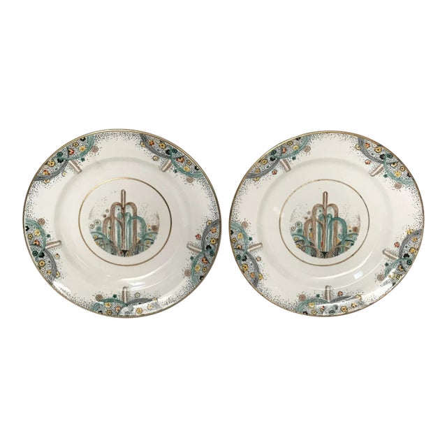 Antique Johnson Bros. Art Deco Les Fontaines Paris Exposition 1925 Hand Painted Luncheon Plates, Set of 2 For Sale