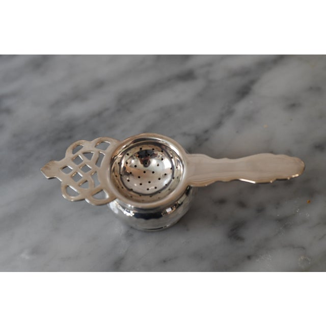 Vintage Loose Tea Leaf Bag Strainer Silver Plate Tea Strainer W Hammered Bowl For Sale - Image 4 of 10