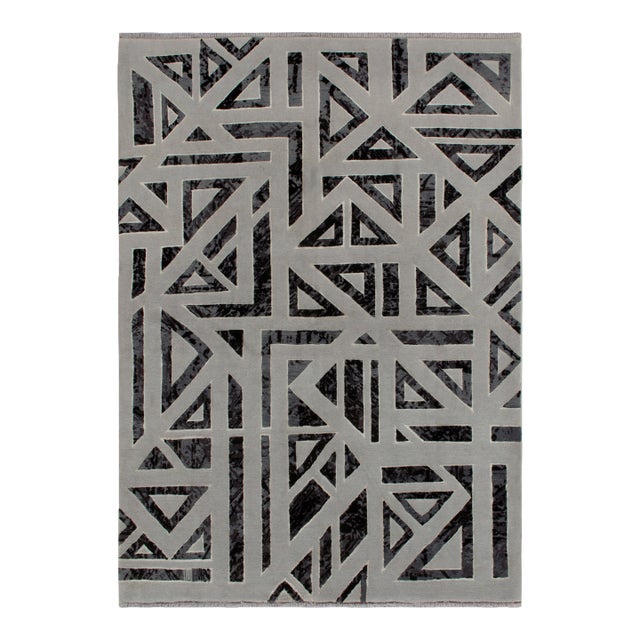 Rug & Kilim’s Art Deco Style Modern Rug in Gray, Black Geometric Pattern For Sale