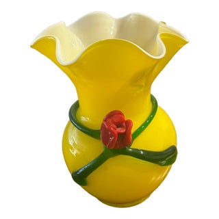 Bright Handblown Art Glassvase With Applied Rose Detail For Sale