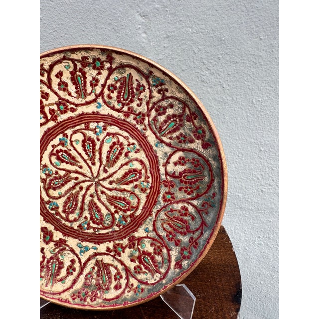 Early 20th Century Vintage Persian Hand-Painted Enamel on Copper Wall Plate — Bohemian Decor For Sale - Image 5 of 6