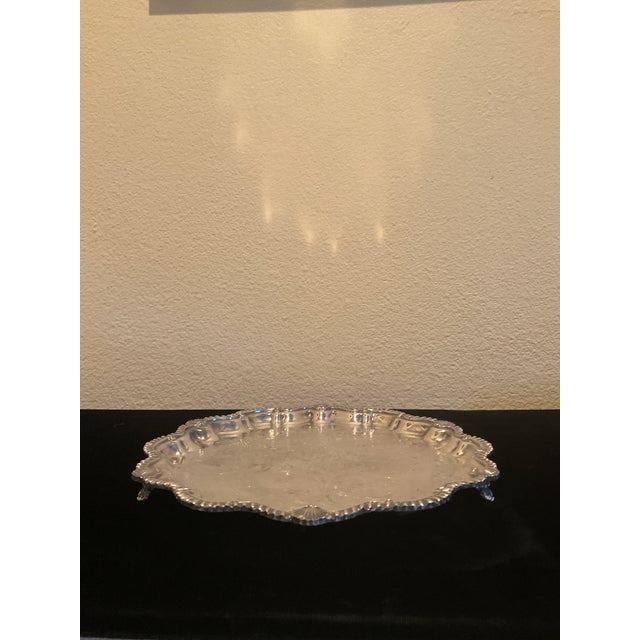 Vintage Silver Plated Engraved Footed Tray With Scalloped Edge For Sale - Image 4 of 14