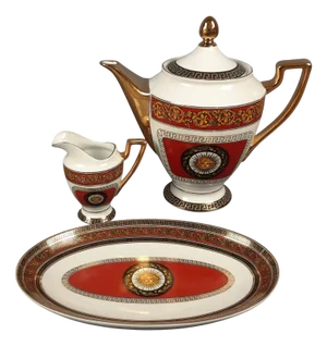 Vintage Versailles Porcelain Service Teapot, Milk Jug & Tray in White, Gold & Red, Set of 3