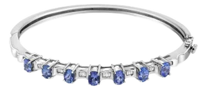 14K White Gold 5 MM Oval Blue Tanzanite and 1/4 Cttw Diamond Bangle (H-I Color, VS2-SI1 Clarity) - Fits wrists up to 7 1/2 Inches