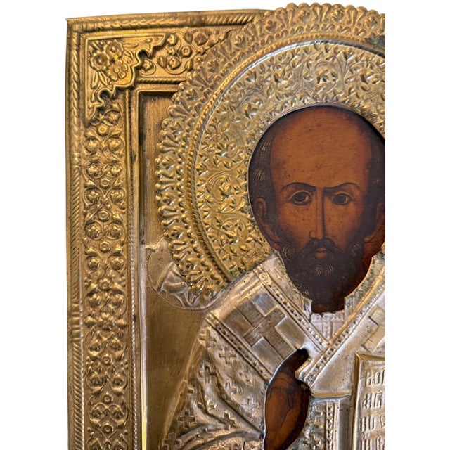 19th Century Saint Nicholas Icon With Repoussé Oklad For Sale In Los Angeles - Image 6 of 8