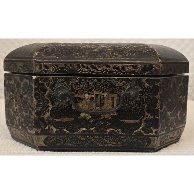 Wood Antique Chinese Lacquered Scholar’s Box With Drawers and Gilt Figural (Need Dimension) For Sale - Image 7 of 11
